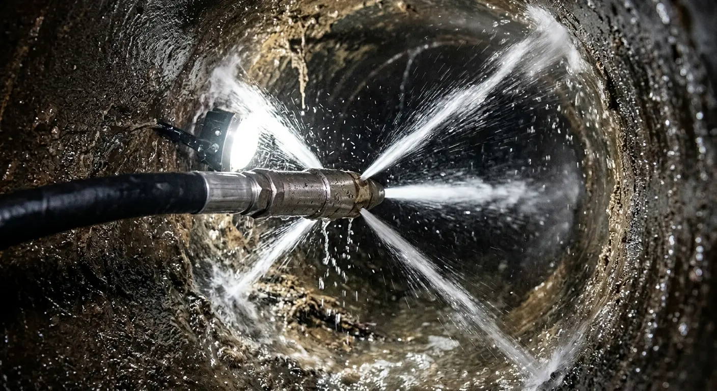 High-pressure hydro jetting nozzle cleaning sewer pipe for Emergency Drain Service in Reynoldsburg