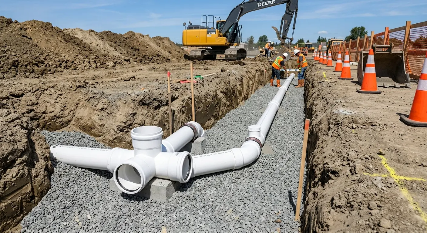 New PVC sewer pipe installation in open trench for Commercial Drain Cleaning in Reynoldsburg