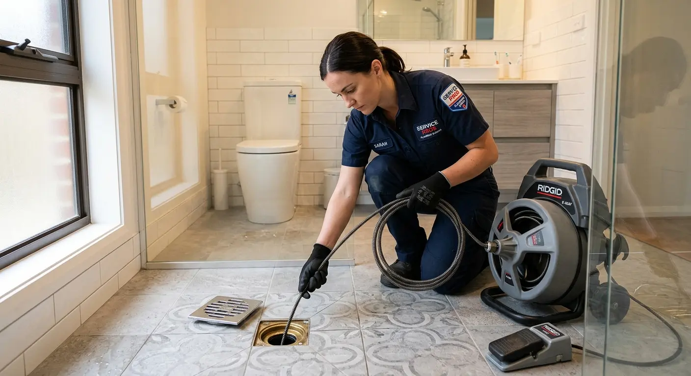 Technician clearing a bathroom floor drain for Drain Repair in Reynoldsburg